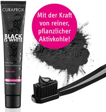 Laden Sie das Bild in den Galerie-Viewer, CURAPROX Black is White Zahnpasta für weiße Zähne, Zahnaufhellung mit schwarzer Zahnpasta aus Aktivkohle der Kokosnuss, whitening toothpaste, 1 x 90 ml