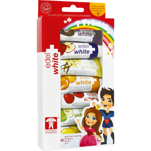 edelwhite 7 Früchtli Kräuterzahnpasta Kinder 7 x 9,4 ml edel+white Schweizer Kinder-Zahncreme 0-6 Jahre